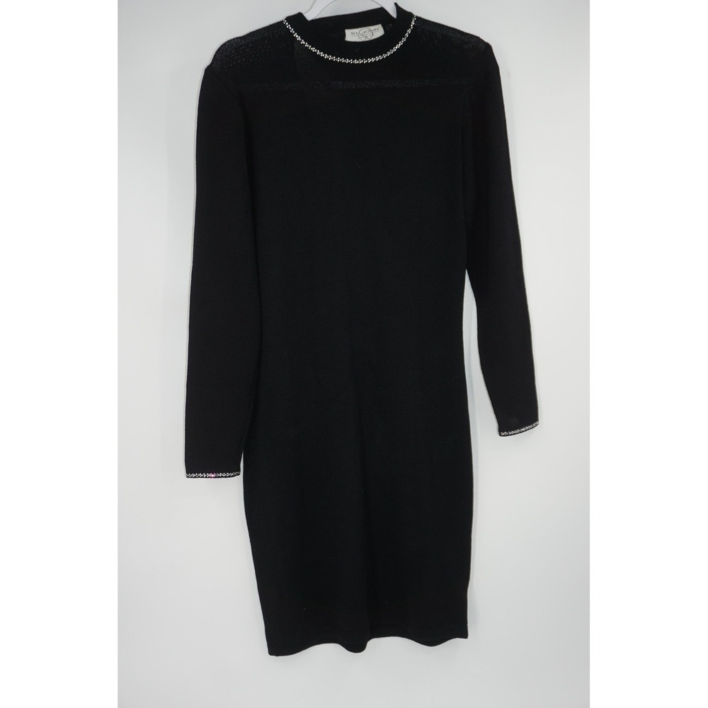 Vintage St John Evening Dress Womens 10 Black Knit Sweater Rhinestone Trim 90s
